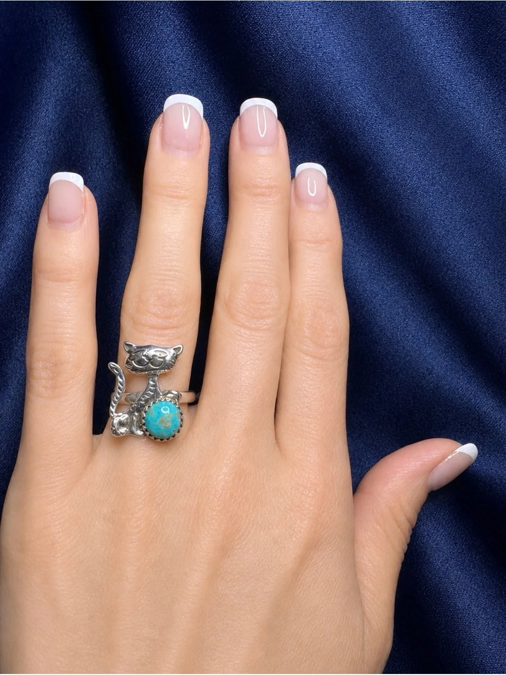 Ring Genuine Turquoise 925 Sterling Silver Cat Pet Animal
